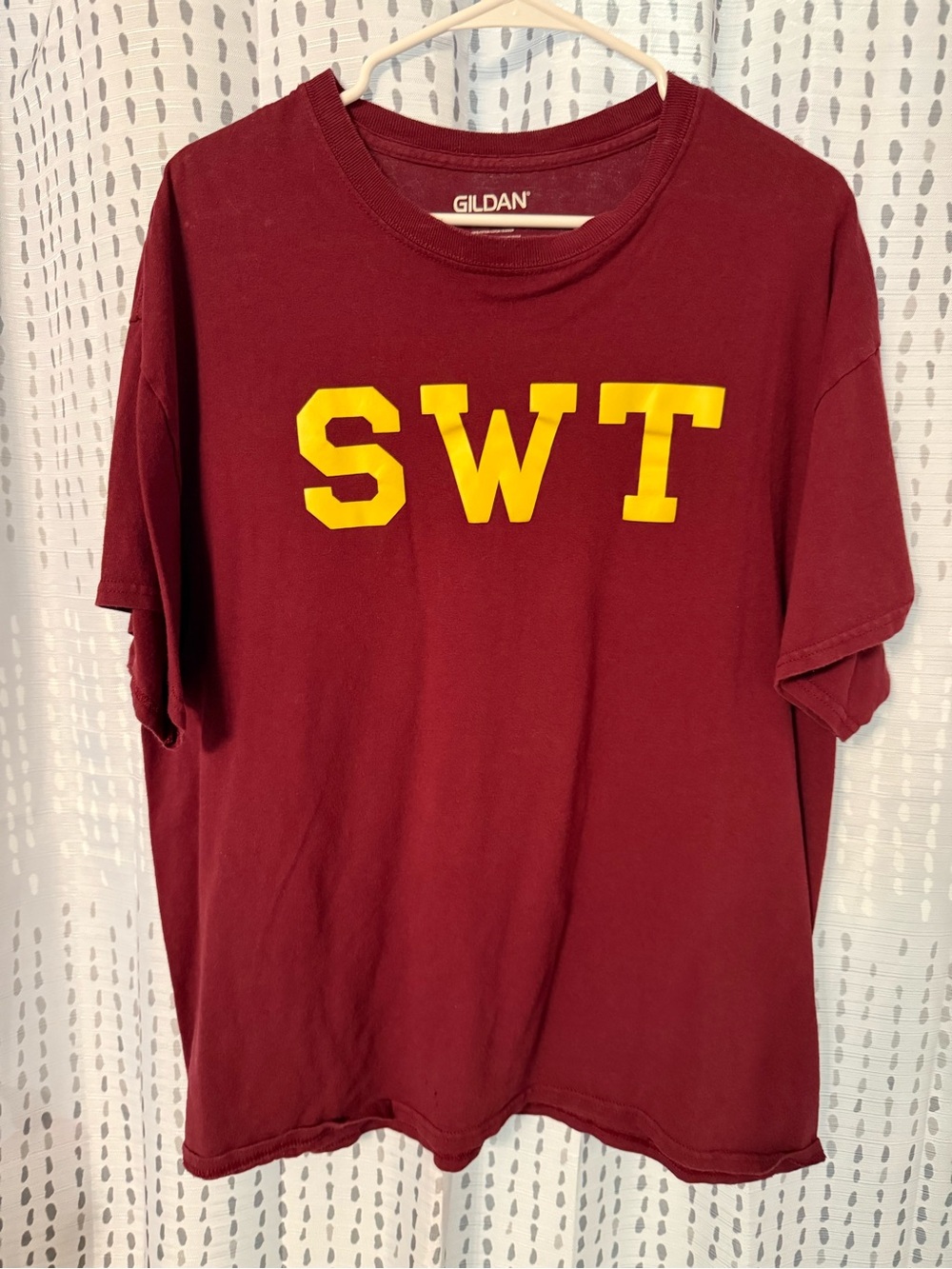 South West Texas | Gildan Maroon Short-Sleeve Tee with Yellow SWT Graphic
